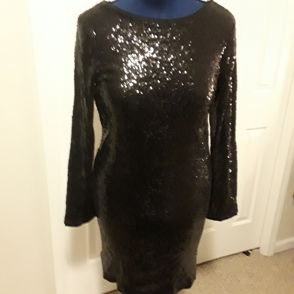 Black Sequin, Long Sleeve Midi Dress-Large